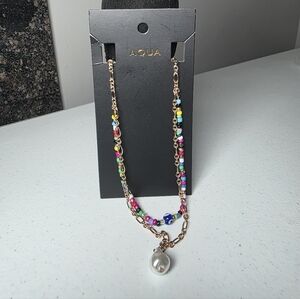 Aqua Multicolor Beaded Necklace with Pearl Accent